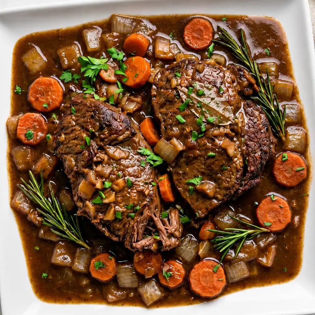 Cooking Lamb Shoulder Chops in One Pot served on a white platter in rich savory gravy with sliced carrots, onions, fresh rosemary, and chopped parsley garnish.