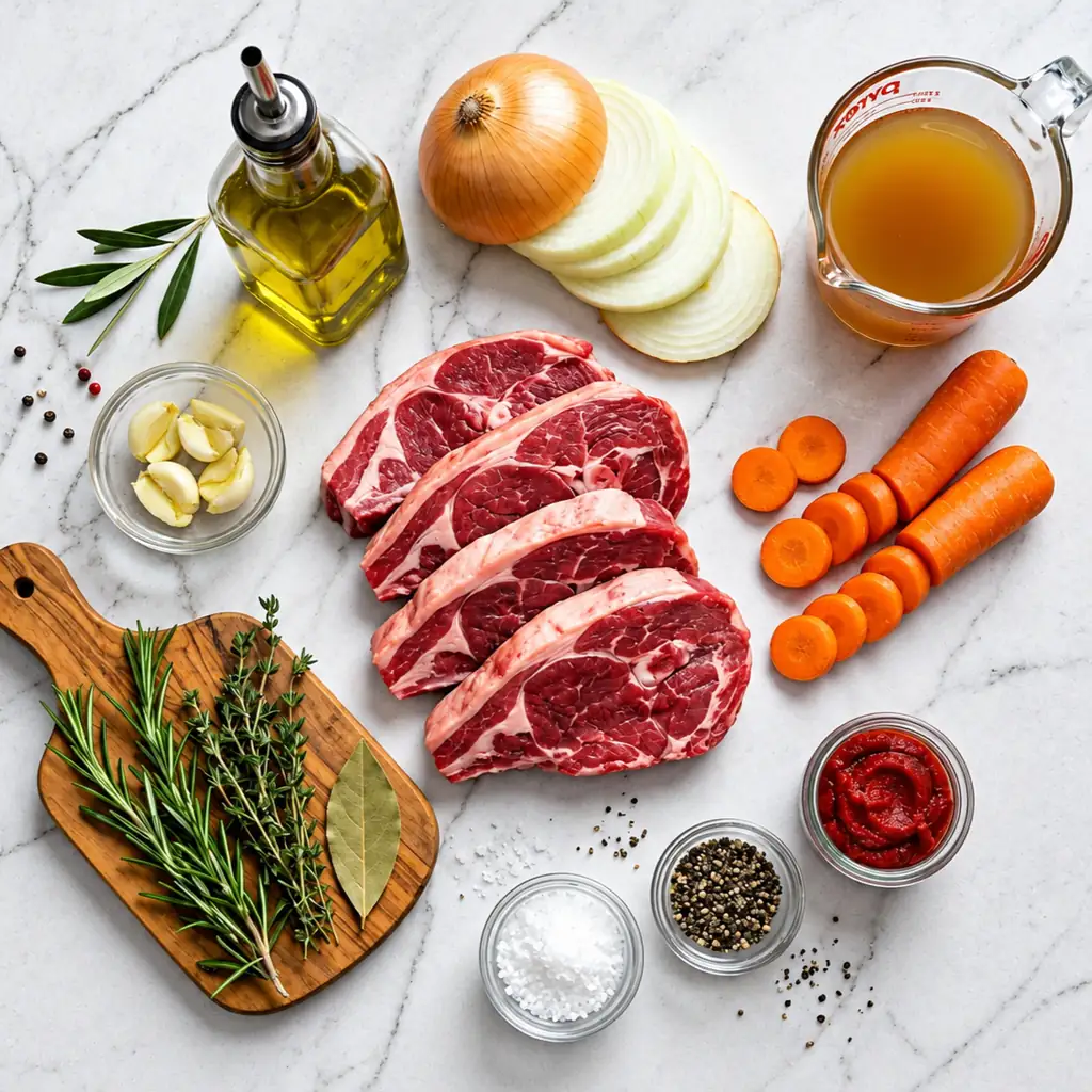 Flat lay of ingredients for cooking lamb shoulder chops, including four raw chops, olive oil, sliced onions, broth, sliced carrots, tomato paste, garlic, fresh rosemary, thyme, salt, and pepper.