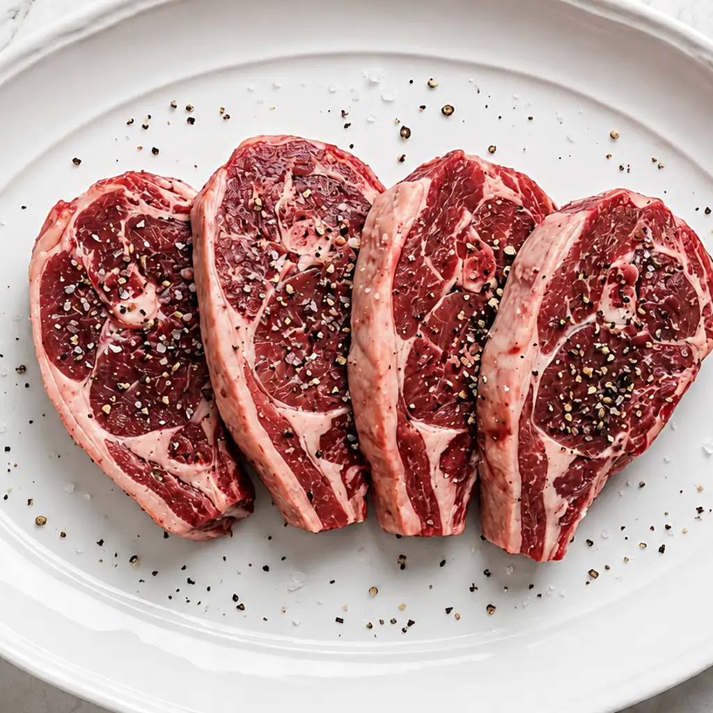 Four raw lamb shoulder chops arranged neatly on a large white platter, well-seasoned with coarse sea salt flakes and freshly cracked black pepper before cooking.