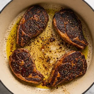Four lamb shoulder chops seared to a deep golden-brown crust inside a large Dutch oven with hot oil and cracked black pepper.