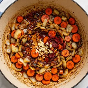 Sliced carrots and chopped onions sautéing in a Dutch oven with minced garlic and tomato paste added to the center for cooking lamb shoulder chops.
