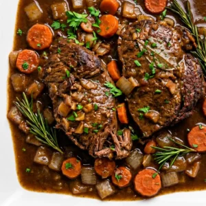 Cooking Lamb Shoulder Chops in One Pot served on a white platter in rich savory gravy with sliced carrots, onions, fresh rosemary, and chopped parsley garnish.
