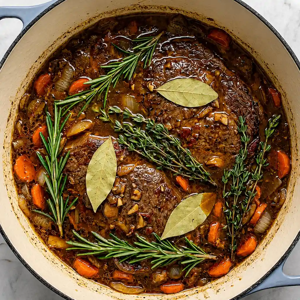 Seared lamb shoulder chops braising in rich savory broth with carrots, onions, fresh rosemary sprigs, thyme sprigs, and bay leaves inside a large Dutch oven.