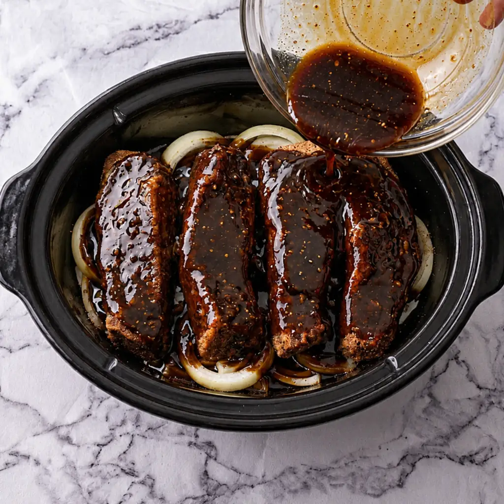 Pouring rich barbecue sauce from a glass bowl over country style beef ribs resting on sliced onions inside a slow cooker insert on a marble surface.