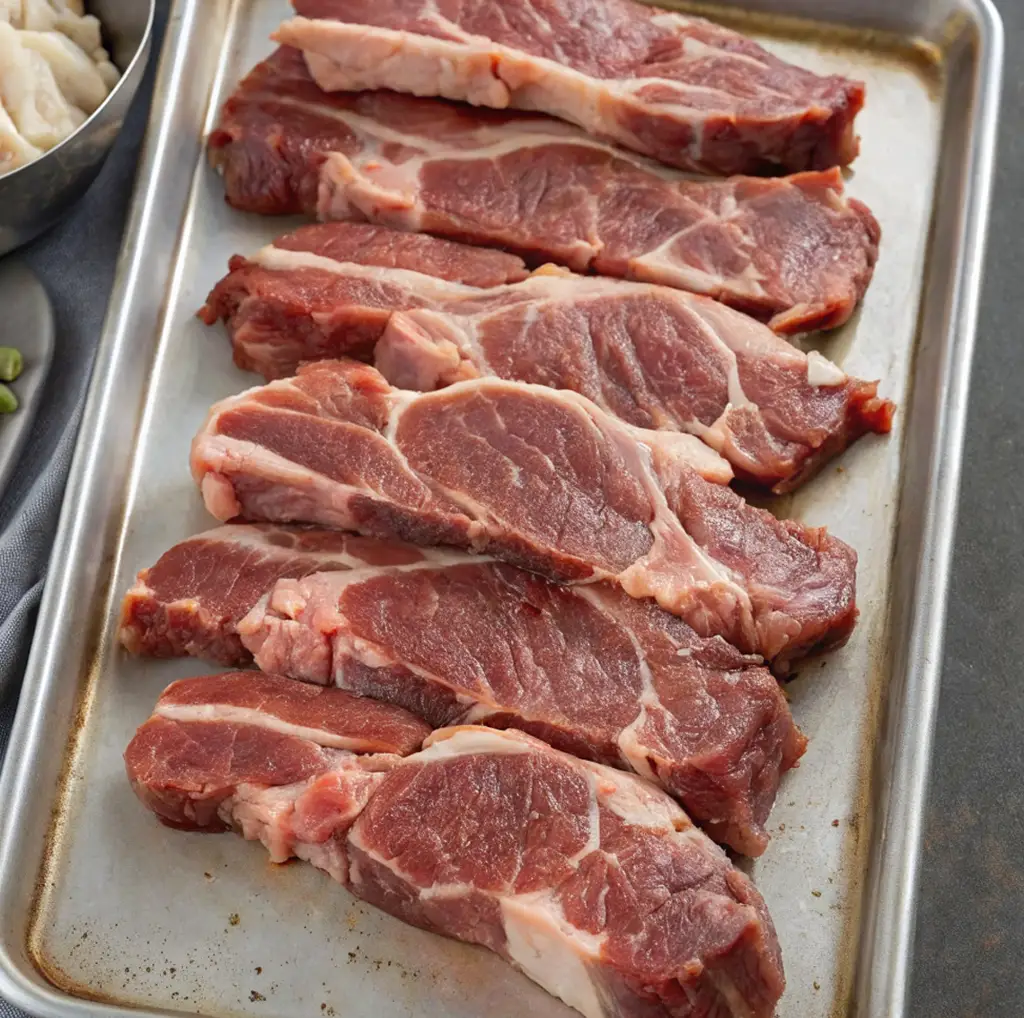 Six thick, raw boneless country-style beef ribs showing deep red marbling and natural fat caps, neatly arranged on a silver baking sheet in preparation for seasoning and slow roasting.