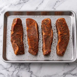 Four raw country-style beef ribs thoroughly coated in dry spice rub, arranged side-by-side on a metal baking sheet against a white marble background.