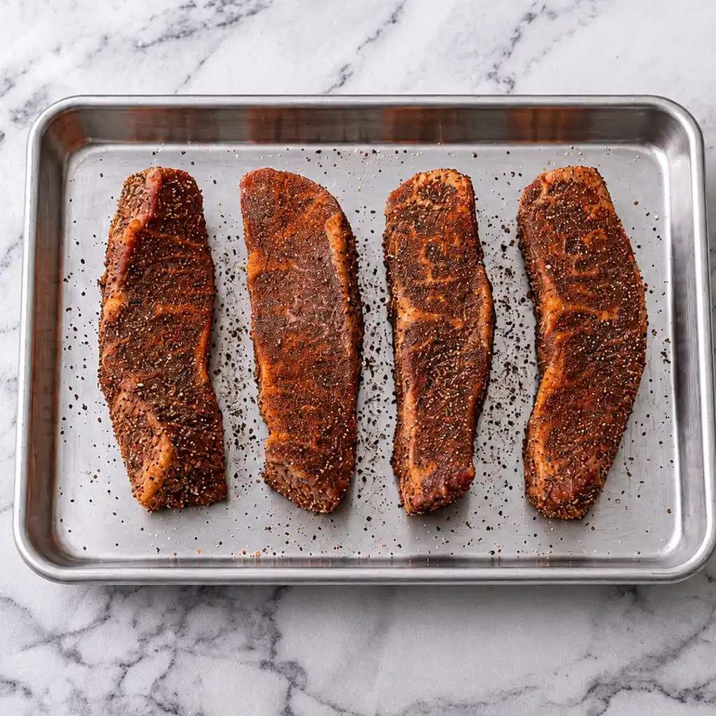 Four raw country-style beef ribs thoroughly coated in dry spice rub, arranged side-by-side on a metal baking sheet against a white marble background.