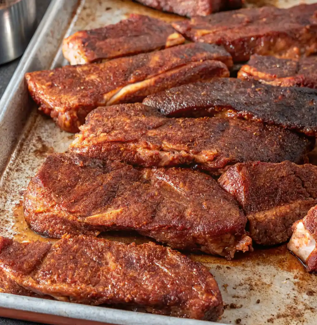 Seasoned country-style beef ribs coated in a rich dry rub, seared until golden-brown and arranged on a metal baking sheet to finish cooking in the oven for maximum flavor.