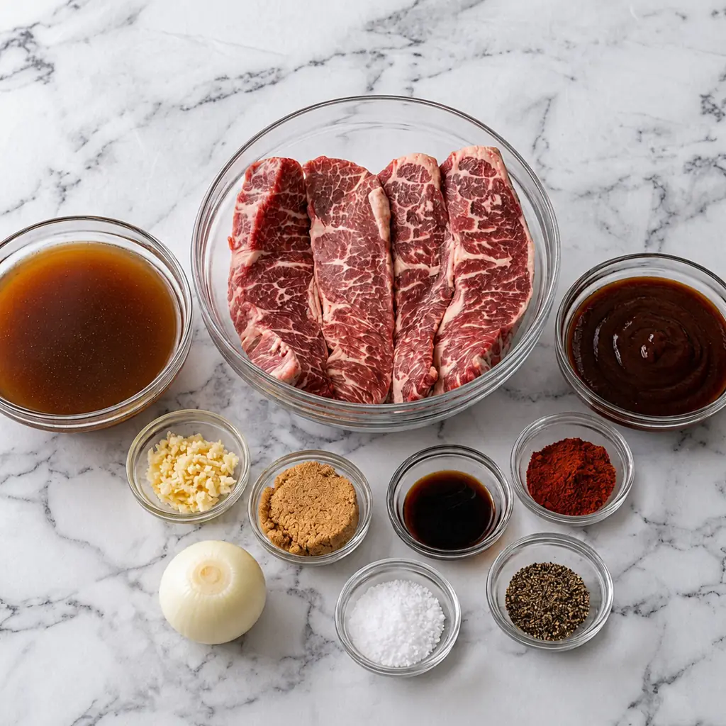 Raw country-style beef ribs in a large glass bowl surrounded by ingredients including broth, barbecue sauce, onion, minced garlic, brown sugar, Worcestershire sauce, paprika, salt, and black pepper.
