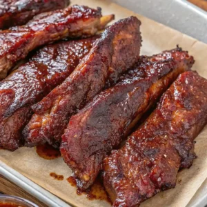 Beef Country Style Ribs featuring a thick, glossy red glaze and crispy edges, perfectly plated for a rustic family dinner on a wooden board with herbs.