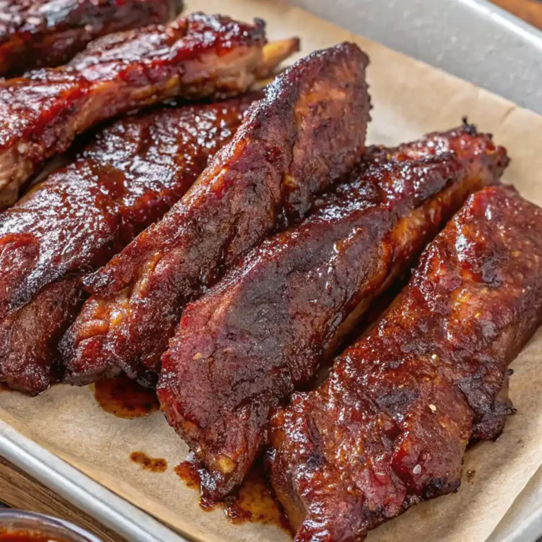 Beef Country Style Ribs featuring a thick, glossy red glaze and crispy edges, perfectly plated for a rustic family dinner on a wooden board with herbs.