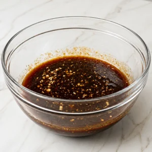 A clear glass mixing bowl filled with barbecue sauce, beef broth, garlic, brown sugar, and Worcestershire sauce, resting on a light marble surface