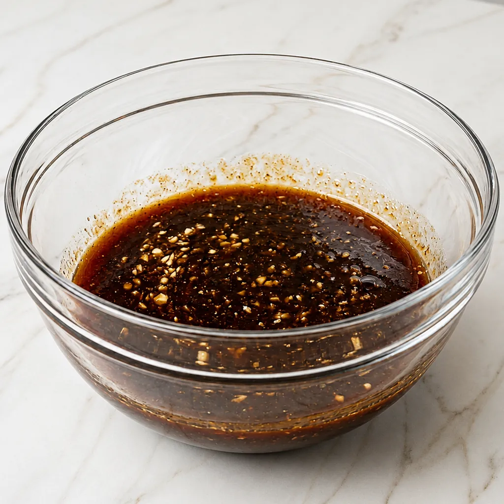 A clear glass mixing bowl filled with barbecue sauce, beef broth, garlic, brown sugar, and Worcestershire sauce, resting on a light marble surface