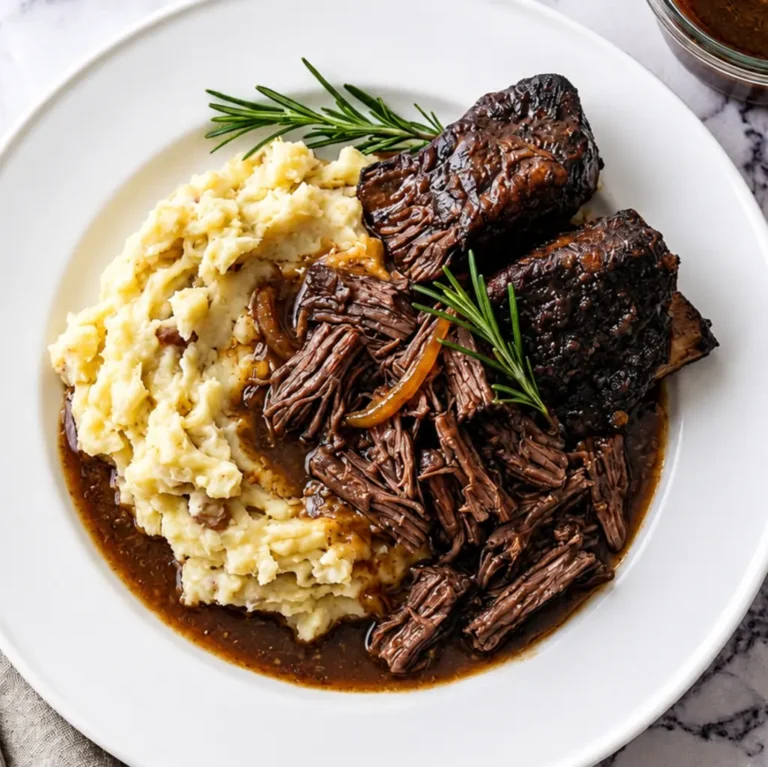 Tender shredded and chunked slow cooker country style beef ribs served with creamy mashed potatoes, rich savory gravy, and fresh rosemary sprigs on a white ceramic plate.