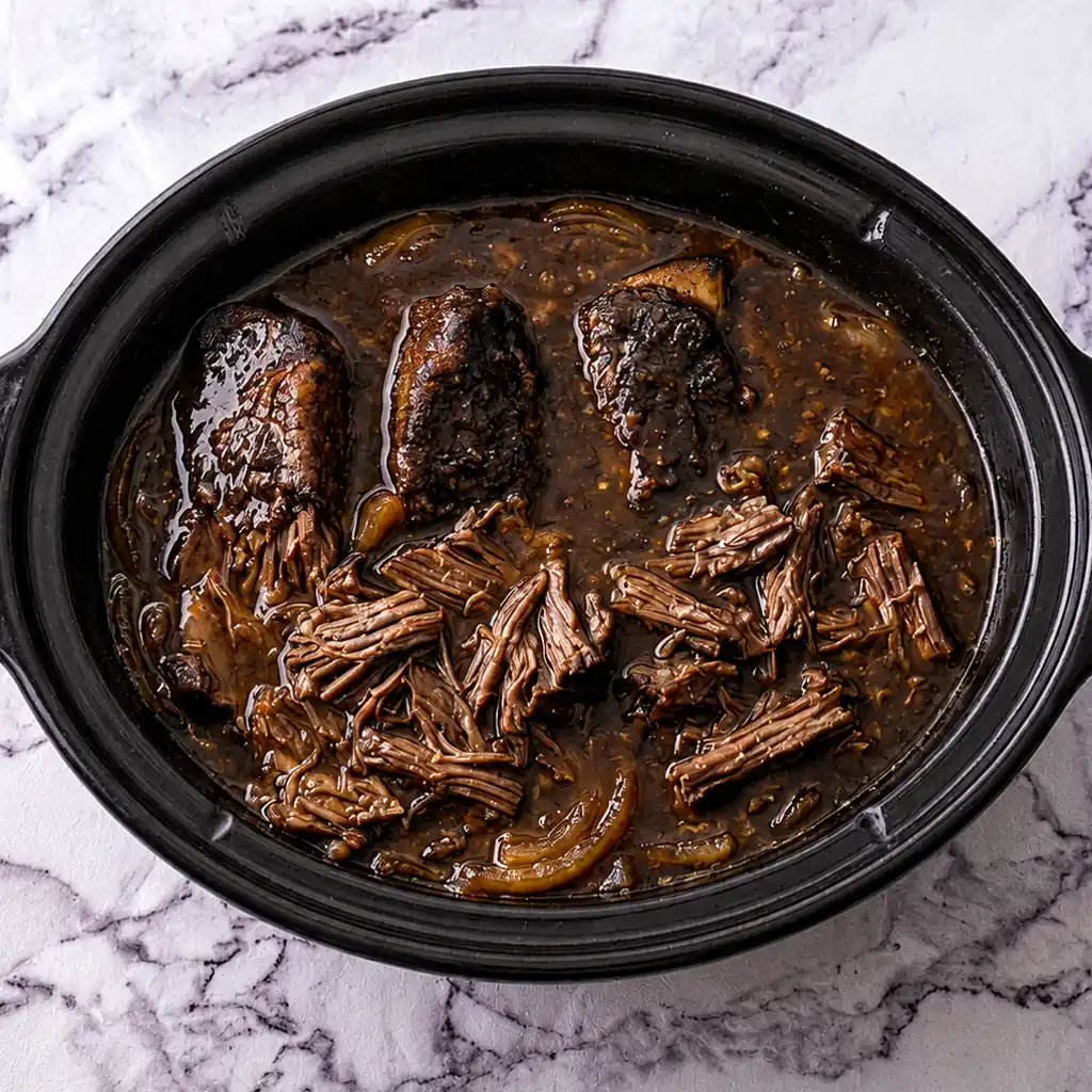 Tender slow cooked country style beef ribs, partly shredded, simmering in a rich savory barbecue sauce with sliced onions inside a black slow cooker insert on a marble countertop.