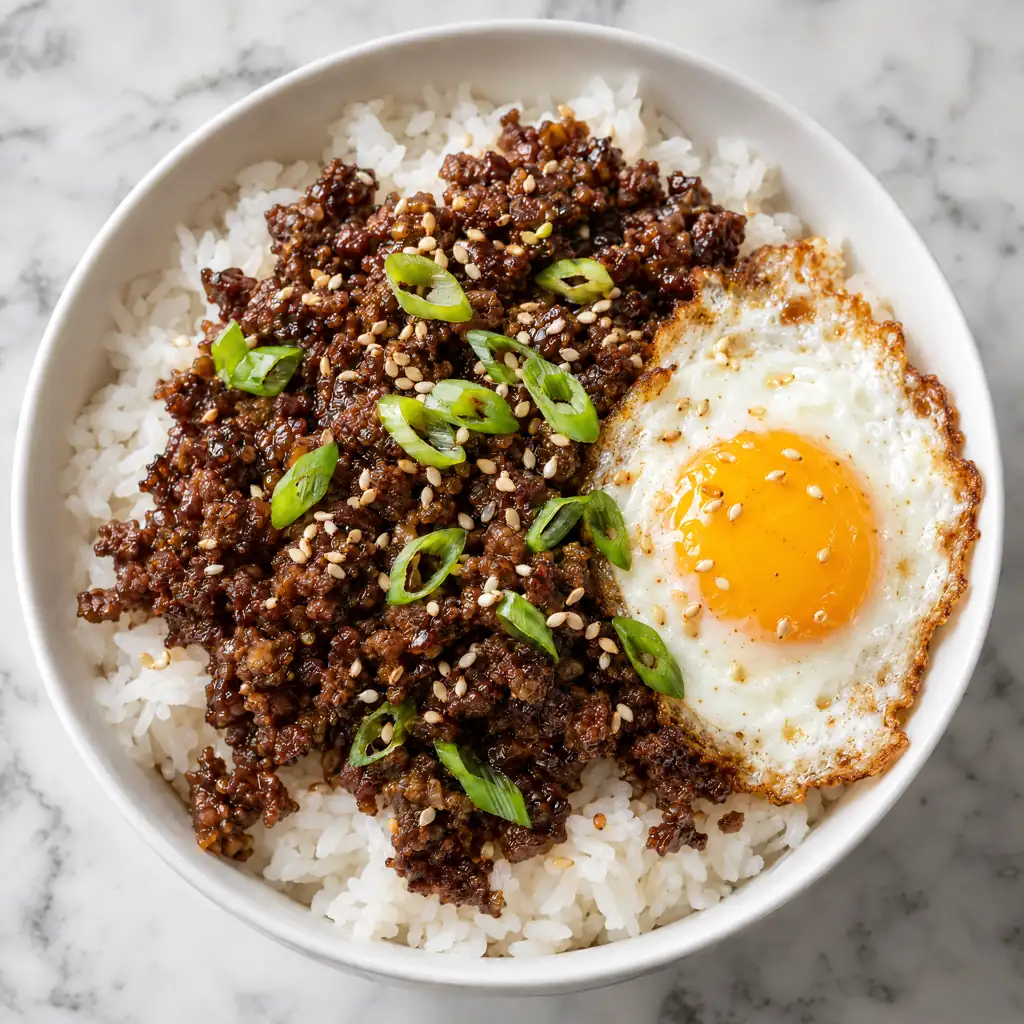 A bowl of white rice topped with savory ground beef bulgogi, sliced green onions, sesame seeds, and a sunny-side-up fried egg with a crisp golden edge.