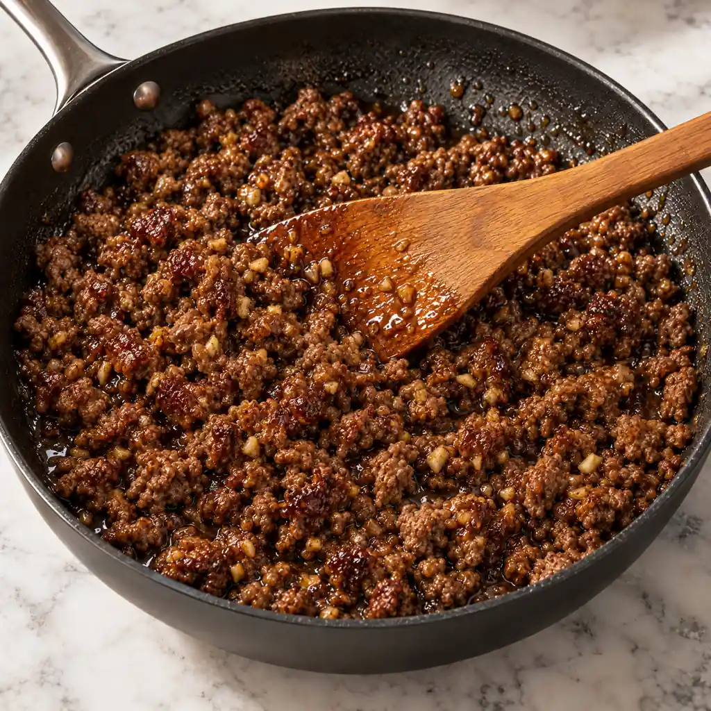 A wooden spatula stirring browned, glazed ground beef bulgogi with minced garlic in a black skillet on a marble surface.