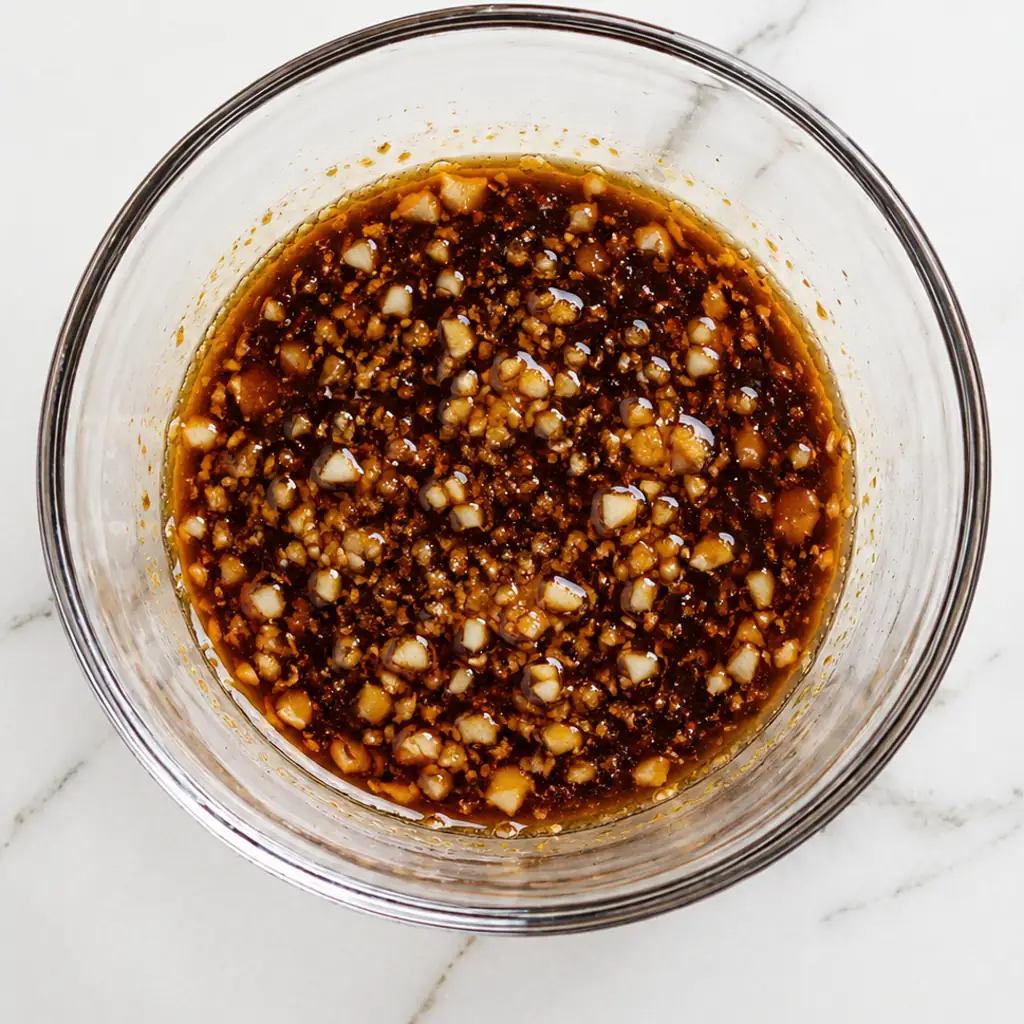 A clear glass mixing bowl containing dark bulgogi sauce mixed with finely minced garlic and ginger on a marble countertop.