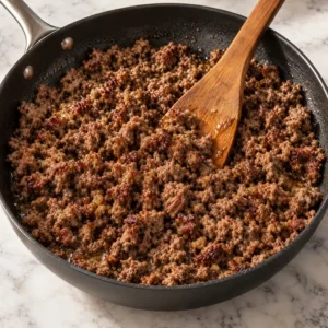 A wooden spatula breaking up and browning ground beef in a black skillet set on a marble surface.