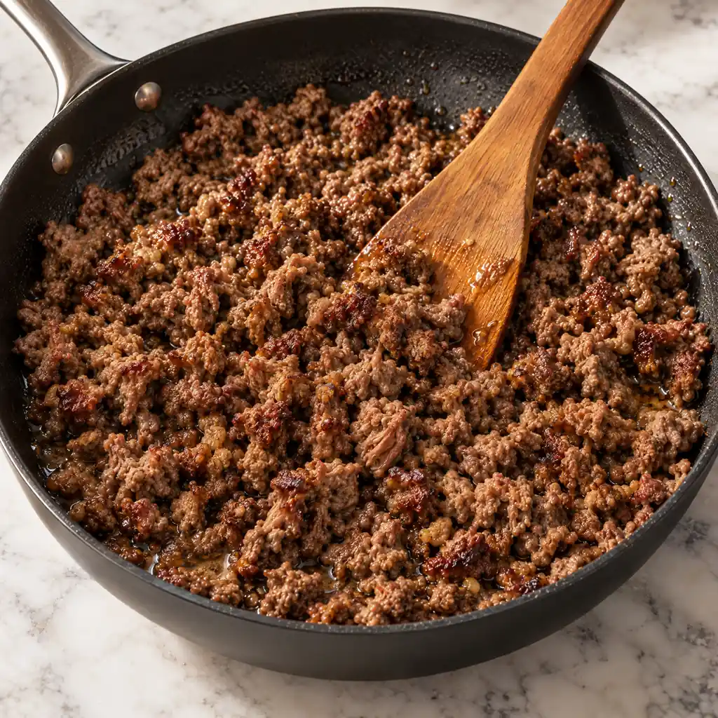 A wooden spatula breaking up and browning ground beef in a black skillet set on a marble surface.