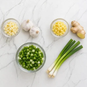 Fresh bulgogi ingredients including minced and whole garlic, minced and whole ginger root, and sliced green onions in glass bowls on a white marble background.