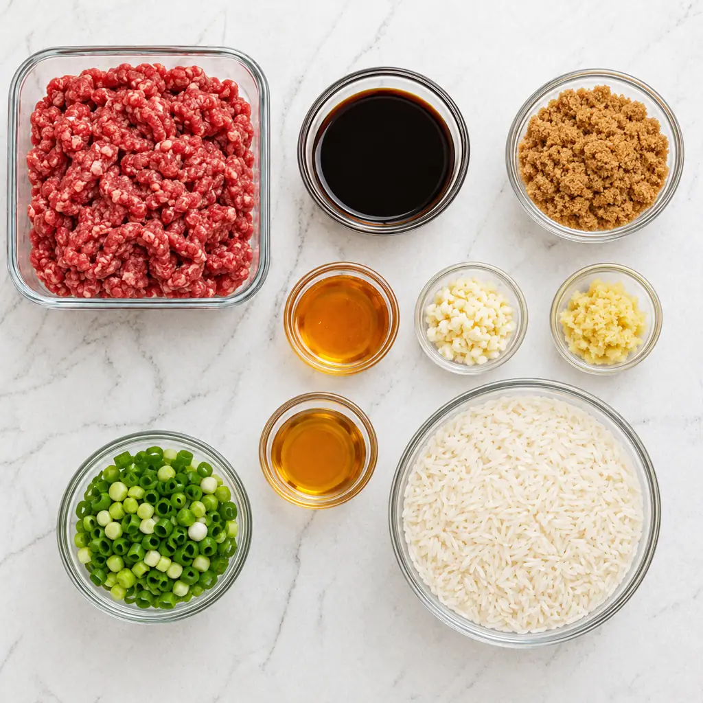 Ingredients for ground beef bulgogi arranged in bowls on a marble surface, including raw ground beef, white rice, soy sauce, brown sugar, sesame oil, garlic, ginger, and green onions.