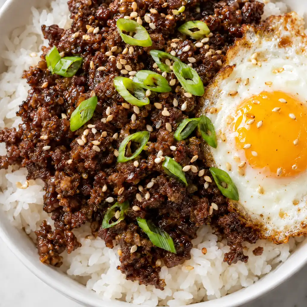 A bowl of white rice topped with savory ground beef bulgogi, sliced green onions, sesame seeds, and a sunny-side-up fried egg with a crisp golden edge.