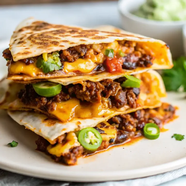 image of Beef Quesadillas Recipe beautifully golden, stuffed with melted cheese, seasoned beef, and garnished with jalapeños and cilantro. It pairs nicely with a side of guacamole or sour cream.