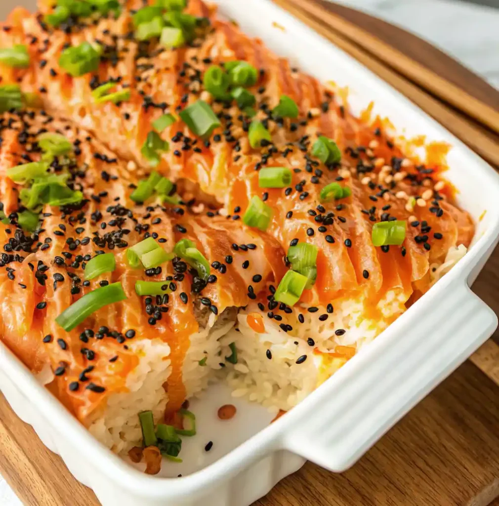 This image showcases a homemade sushi salmon bake, fresh out of the oven, presented in a baking dish. The bake is layered with seasoned salmon, creamy mayo, and spicy sriracha, then topped with sesame seeds and chopped green onions for added flavor and texture.