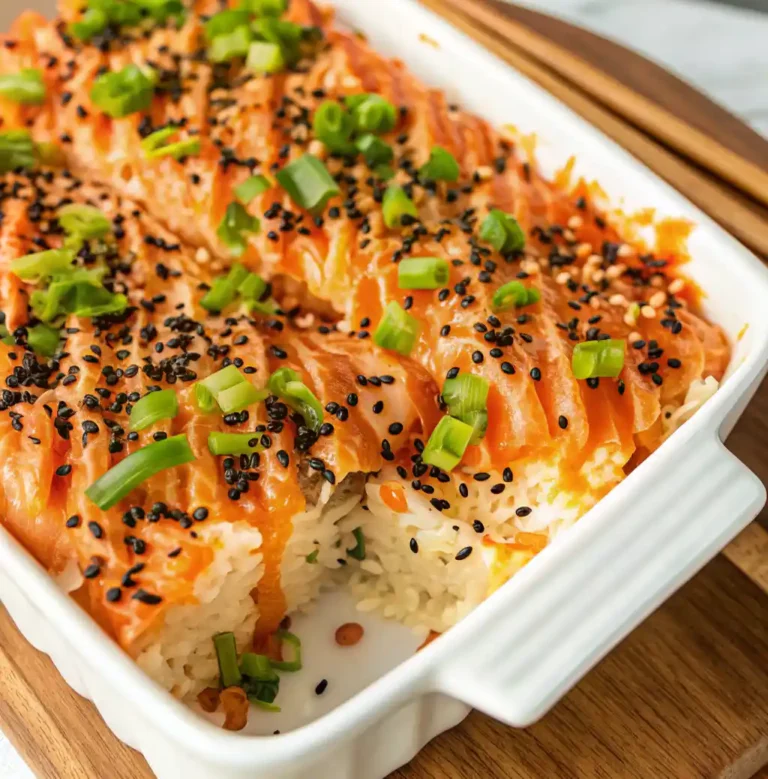 This image showcases a homemade sushi salmon bake, fresh out of the oven, presented in a baking dish. The bake is layered with seasoned salmon, creamy mayo, and spicy sriracha, then topped with sesame seeds and chopped green onions for added flavor and texture.