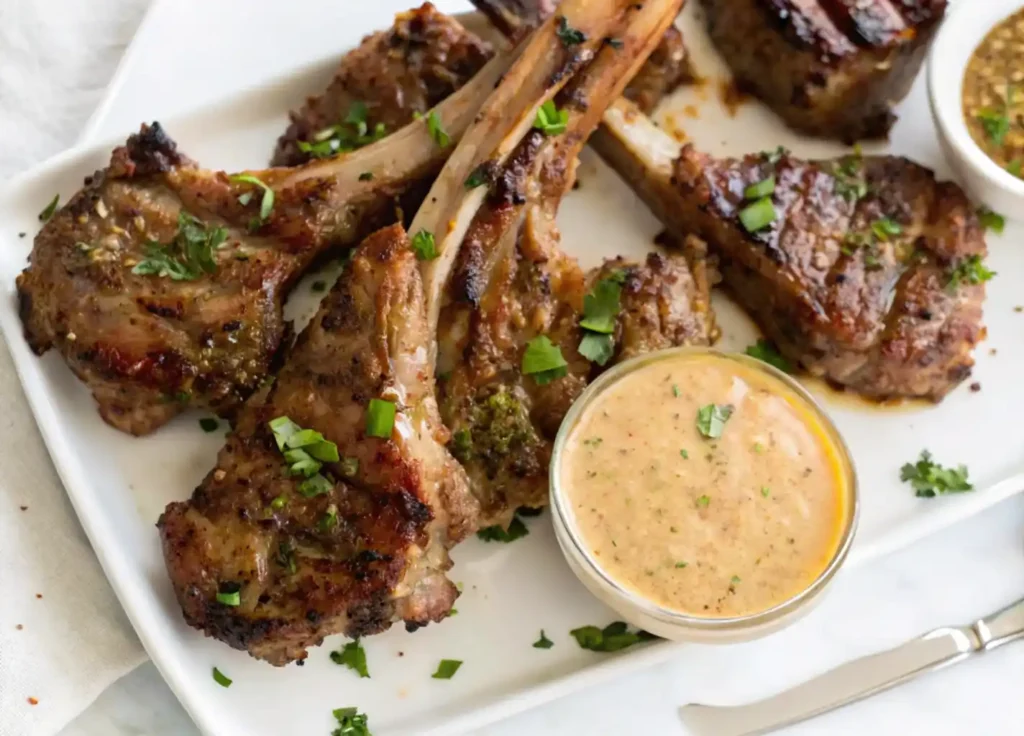 Grilled Lamb Lollipops garnished with parsley and served with white sauce on a white plate.