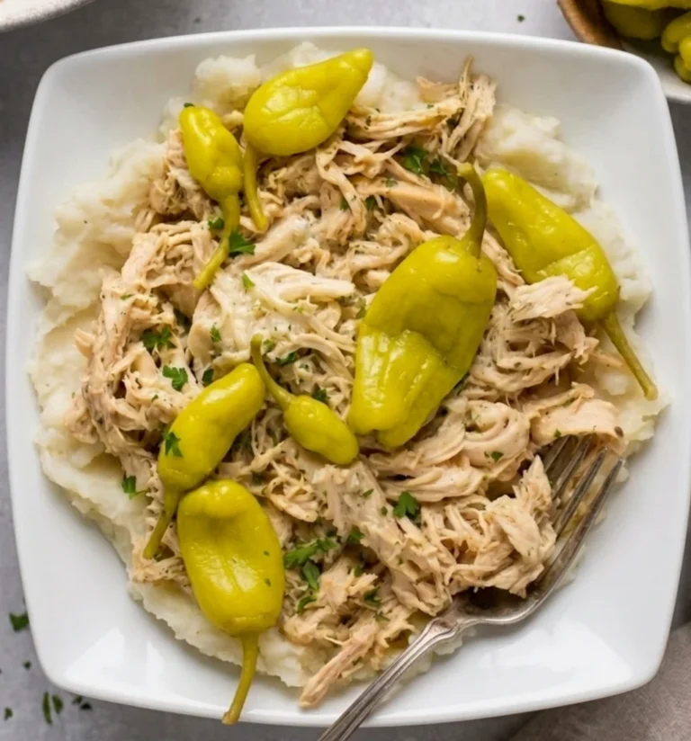 Shredded Mississippi Chicken Recipe served over a bed of mashed potatoes on a white square plate, garnished with fresh herbs and whole pepperoncini peppers.