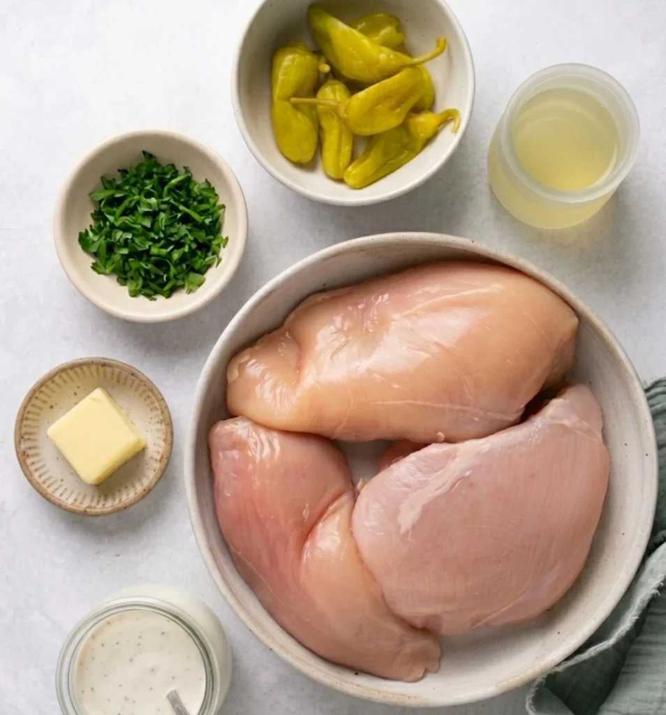 Ingredients for Mississippi chicken arranged in bowls on a light surface, including raw chicken breasts, pepperoncini peppers, chopped parsley, a pat of butter, ranch dressing, and chicken broth.