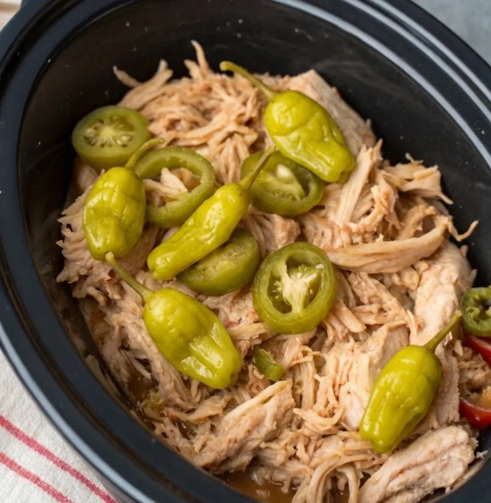 Shredded Mississippi chicken inside a slow cooker liner, mixed with savory juices and topped with whole and sliced green pepperoncini peppers, ready to be served.