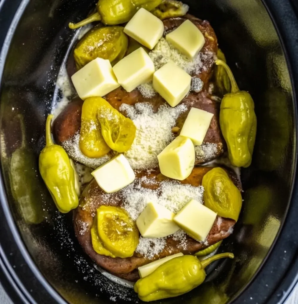 Raw chicken breasts in a black slow cooker, topped with whole green pepperoncini peppers, cubes of yellow butter, and a generous sprinkling of dry ranch seasoning powder.