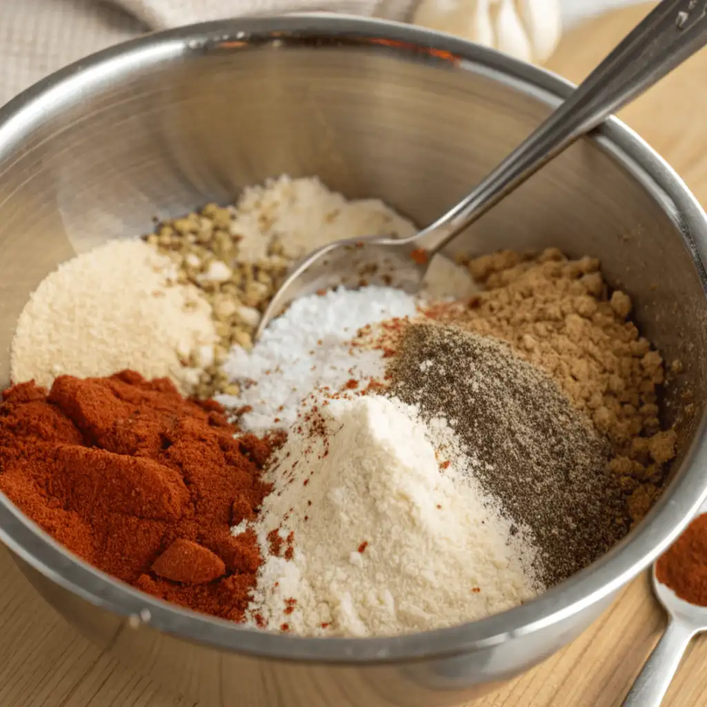 
A close-up, high-angle shot of a metal mixing bowl filled with various powdered spices, a spoon resting in the middle. The spices are mounded separately, showing distinct colors and textures. Visible spices include a mound of bright red paprika, black pepper, garlic powder, onion powder, and salt.
