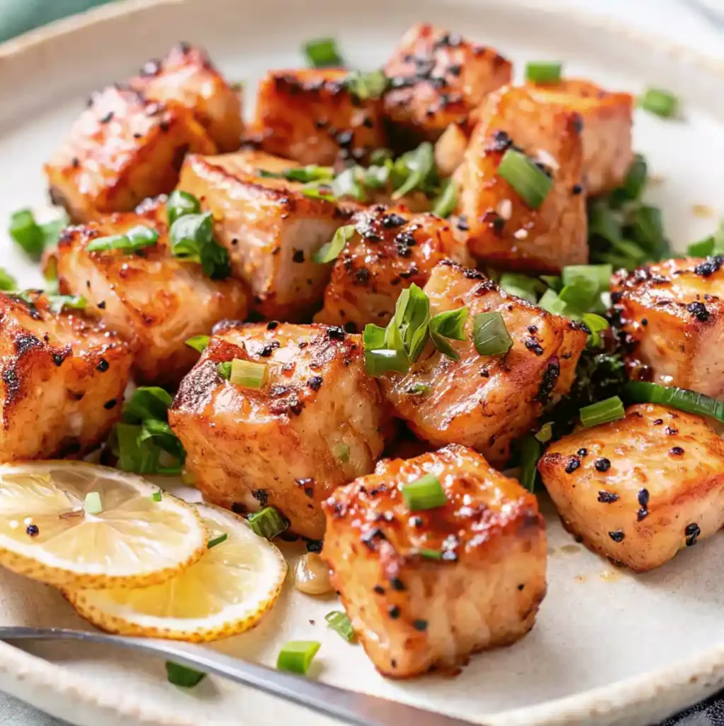 A close-up shot of a plate of cooked Salmon Bites Recipe, garnished with sliced green onions and sesame seeds. The salmon pieces are golden brown and appear glazed. Two thin slices of lemon are placed on the side. The dish is presented on a light-colored, rustic-style plate.