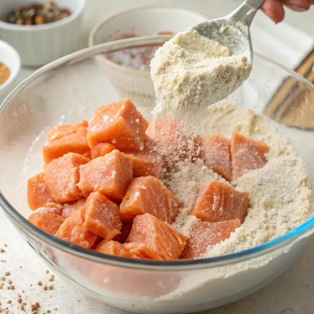 shown using a spoon to sprinkle a light-colored, powdery flour mixture over chunks of raw salmon in a clear glass mixing bowl. The salmon has been cut into roughly 1-inch cubes and has a vibrant orange color. The flour mixture is falling onto the salmon and collecting in the bottom of the bowl.