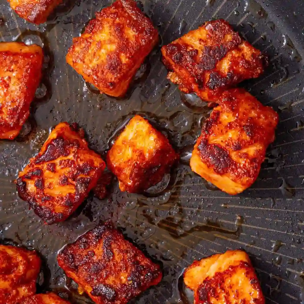 A high-angle shot shows several seasoned salmon cubes frying in a black skillet with a small amount of oil. The salmon pieces are golden-brown and have a crispy, seared exterior from cooking.