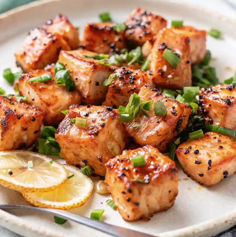 A close-up shot of a plate of cooked Salmon Bites Recipe, garnished with sliced green onions and sesame seeds. The salmon pieces are golden brown and appear glazed. Two thin slices of lemon are placed on the side. The dish is presented on a light-colored, rustic-style plate.