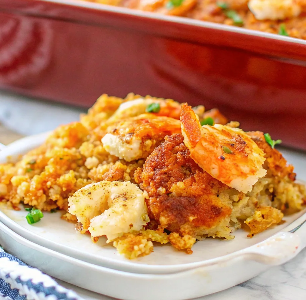 A single serving of savory Seafood Dressing Recipe on a white plate, showcasing a golden-brown crust, tender cornbread base, and large succulent shrimp garnished with fresh herbs for a gourmet holiday meal.