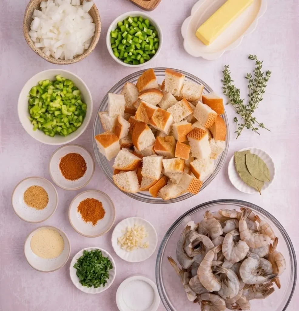 A high-angle shot of various ingredients for a seafood dressing recipe, arranged in clear bowls on a marble countertop. The main bowl holds shrimp and fish. Other bowls contain celery, onions, spices, broth, cheese, and bread.