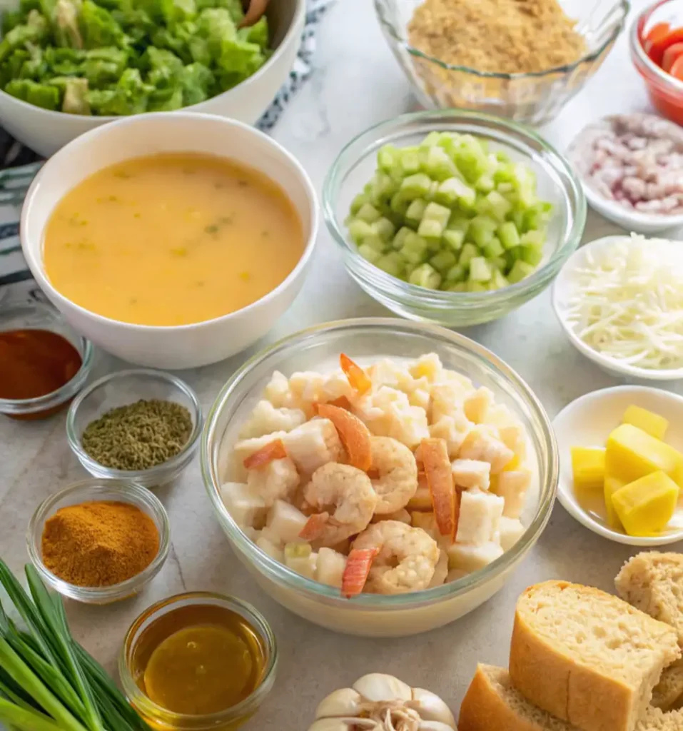 
A high-angle shot of various ingredients for a seafood dressing recipe, arranged in clear bowls on a marble countertop. The main bowl holds shrimp and fish. Other bowls contain celery, onions, spices, broth, cheese, and bread.