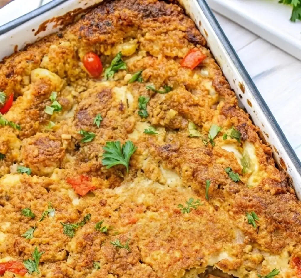 Golden-brown Seafood Dressing Recipe baked in a white casserole dish, featuring a savory cornbread texture studded with succulent shrimp, crab, and fresh parsley garnish.