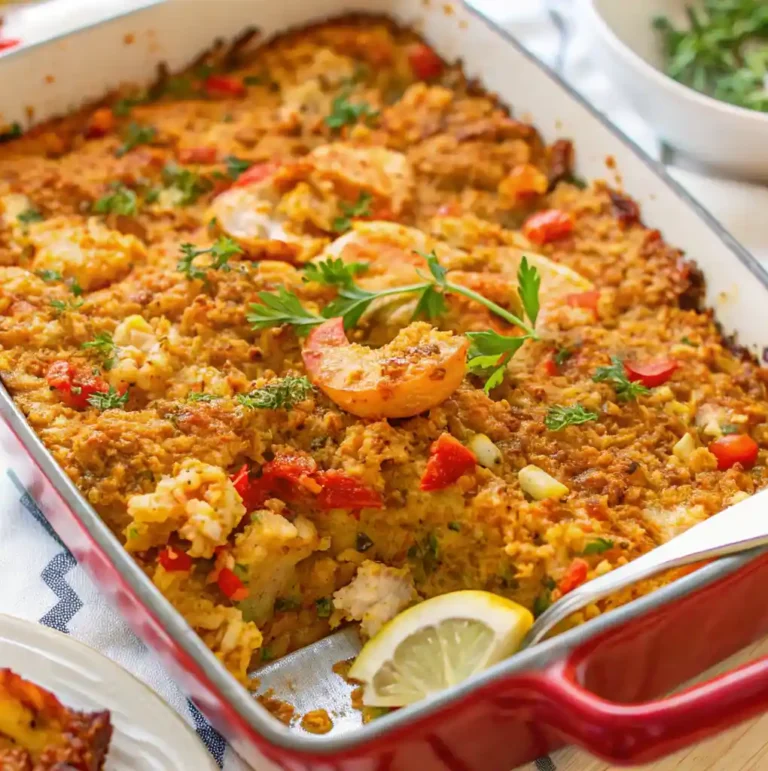 baked seafood dressing in a red casserole dish. The golden-brown dressing is garnished with shrimp, chopped tomatoes, and fresh parsley. A lemon wedge and a serving spoon are visible in the foreground.