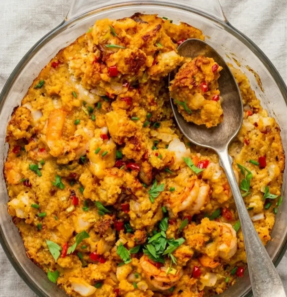 A golden-brown seafood stuffing recipe featuring succulent shrimp, flaky fish, and fresh herbs. This hearty dish is garnished with bright parsley and diced red peppers