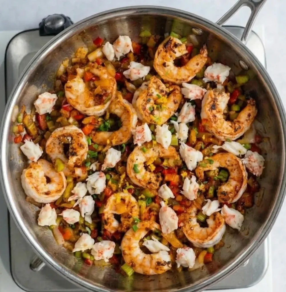 Succulent seared shrimp and tender crab meat sautéed with a colorful medley of diced celery, onions, and red peppers in a stainless steel pan. Perfect for a flavorful seafood stuffing recipe.