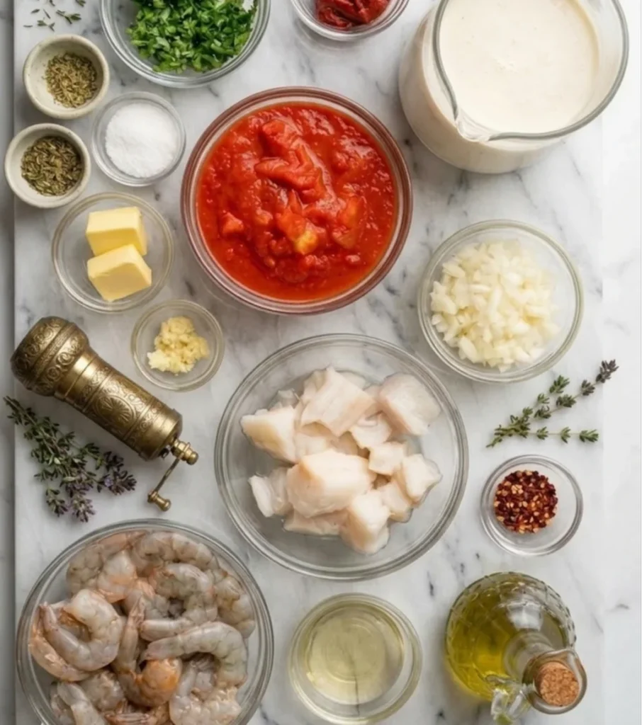 seafood stuffing ingredients including raw shrimp, white fish, crushed tomatoes, and heavy cream. Accompanied by butter, diced onions, garlic, fresh herbs, and spices on a marble surface.