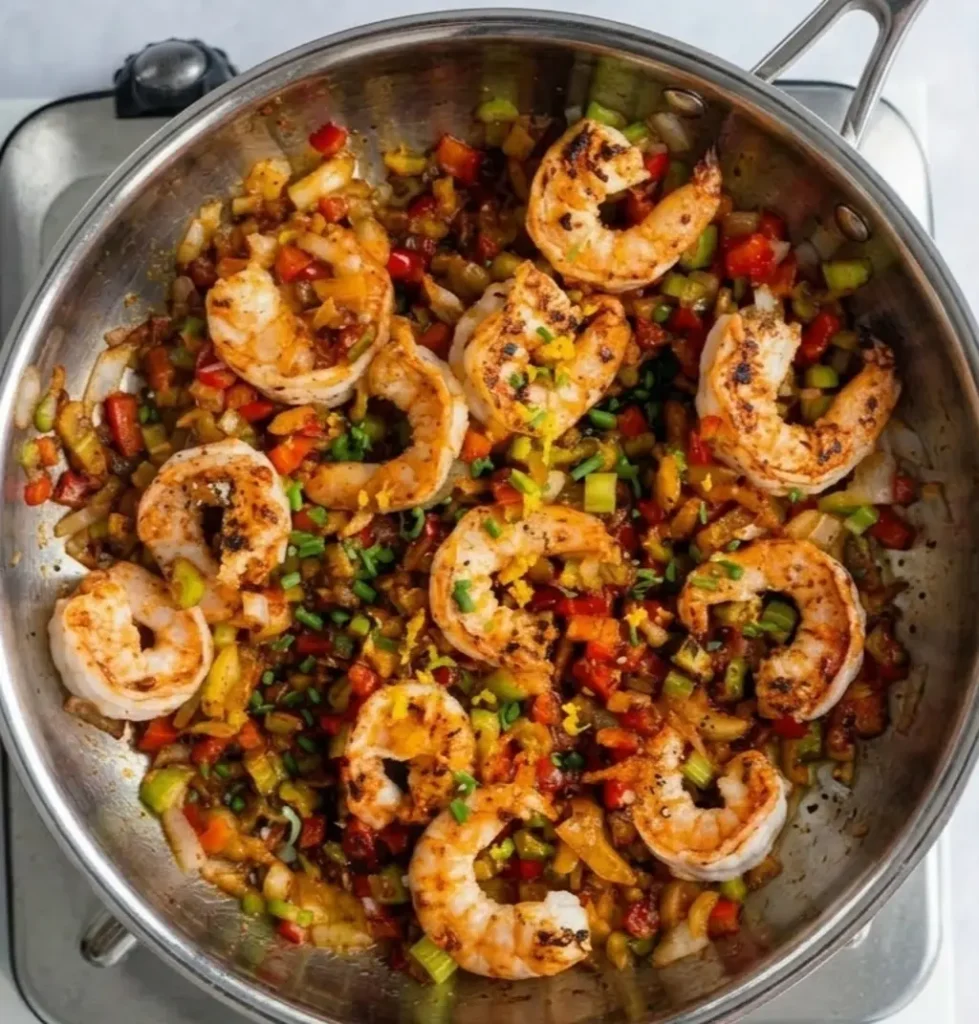 Succulent seared shrimp with a colorful medley of diced celery, onions, and red peppers in a stainless steel pan. Perfect for a flavorful seafood stuffing recipe.