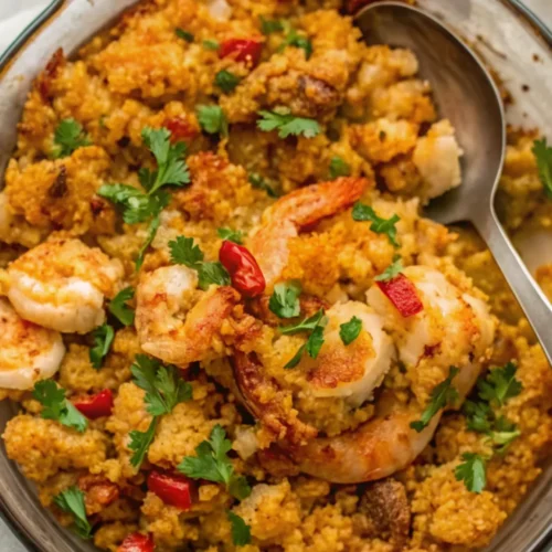 A golden-brown seafood stuffing recipe featuring succulent shrimp, flaky fish, and fresh herbs. This hearty dish is garnished with bright parsley and diced red peppers